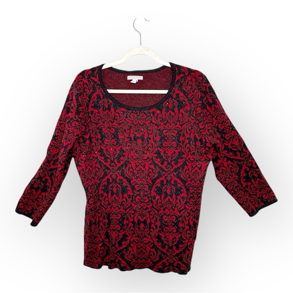 Dana Buchman Red Black Damask Knit Sweater Metallic Evening Formal Top Large